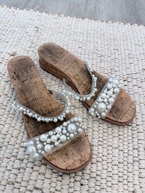 Anne Klein Pearl-Embellished Clear Strap Cork Slide Sandals - White